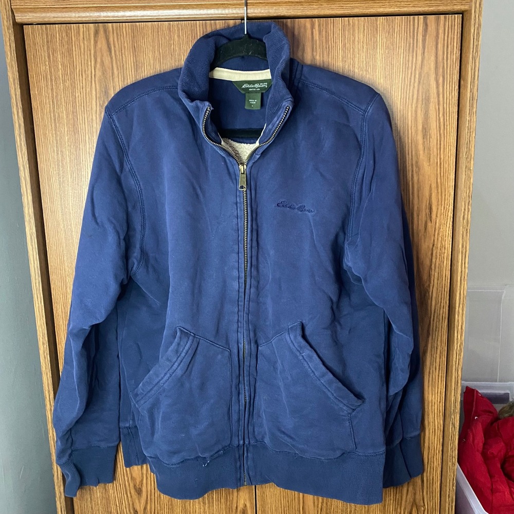 Eddie Bauer Full Zip Sherpa Lined Sweatshirt Mens L Blue Mock Neck Jacket